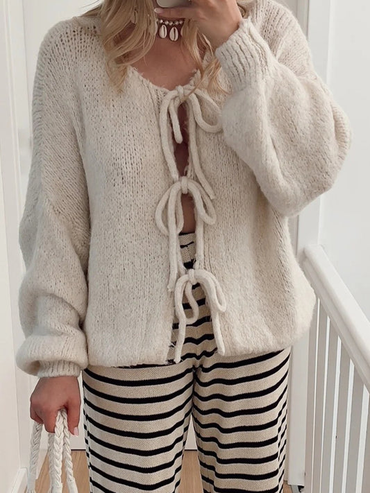 Tied Long Sleeve Dropped Shoulder Cardigan - ClassiQ