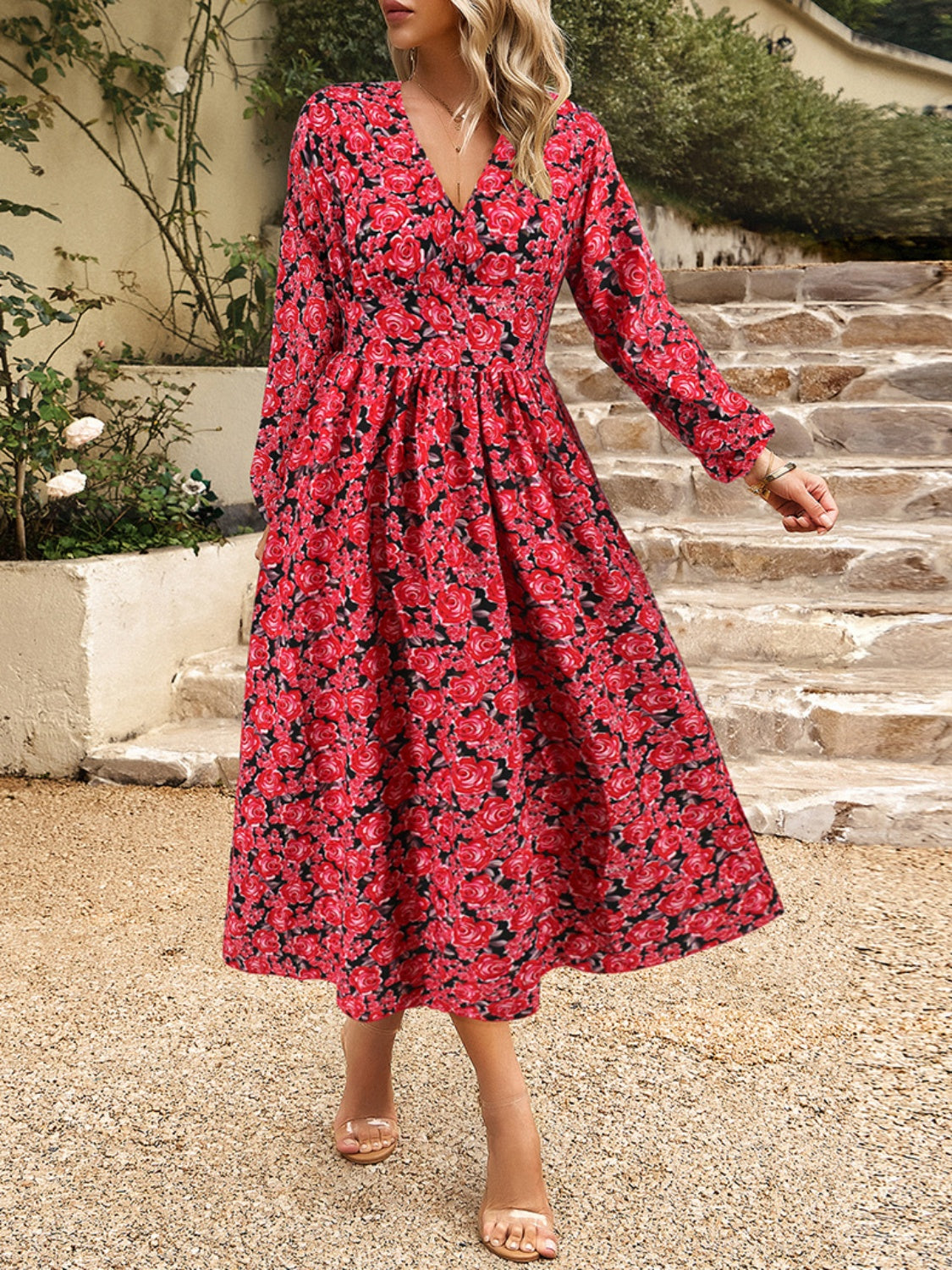 Floral V-Neck Long Sleeve Midi Dress - Classique Collection