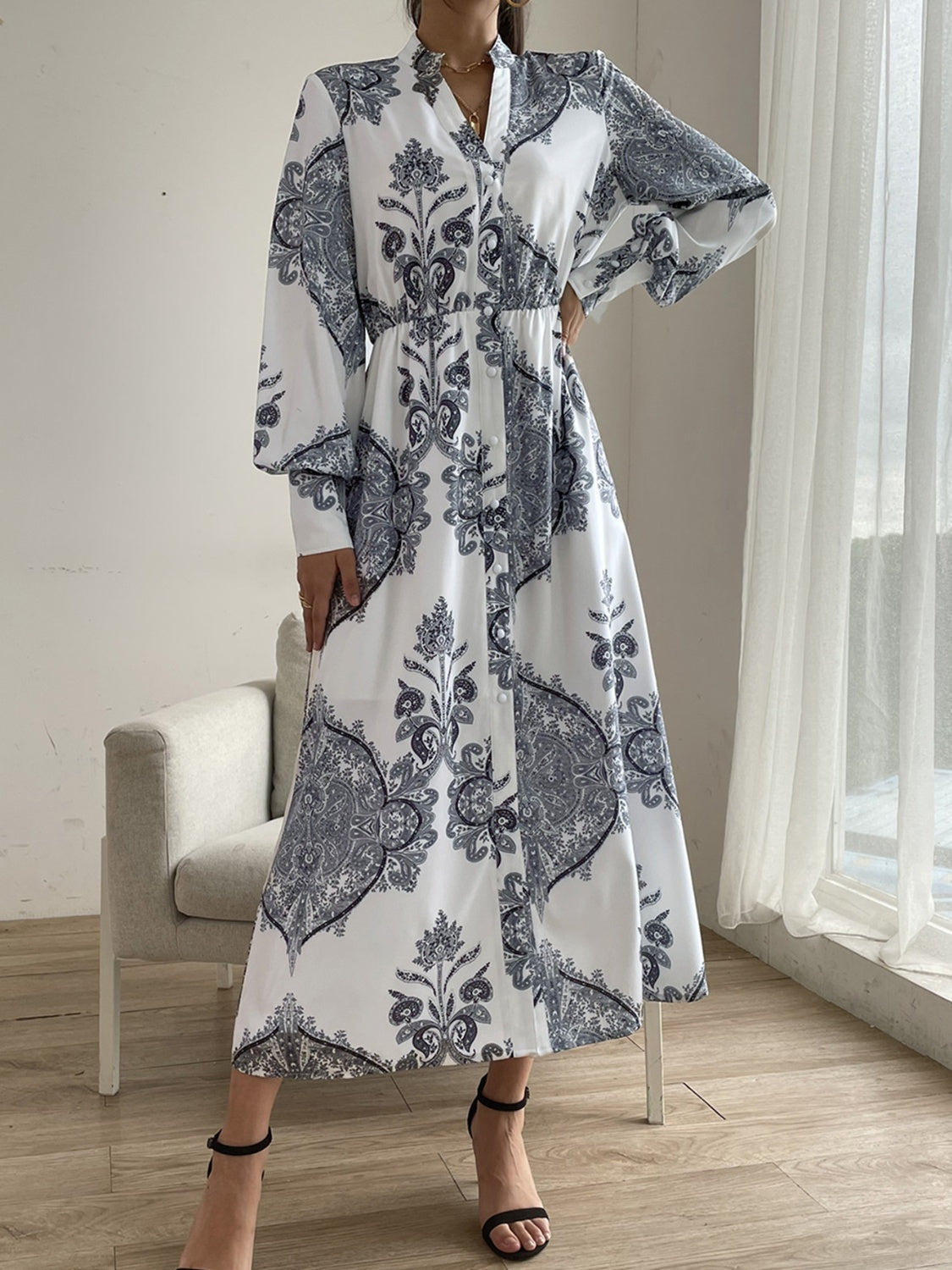 Printed Notched Lantern Sleeve Midi Dress - Classique Collection