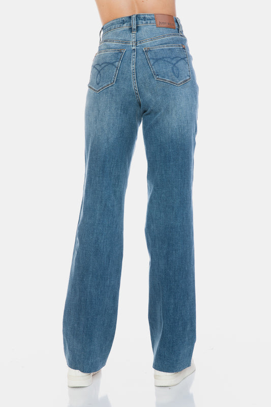 Judy Blue Full Size Tummy Control Cut Raw Hem Straight Jeans - Classique Collection