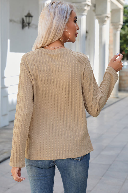 Round Neck Raglan Sleeve Ribbed Blouse - Classique Collection
