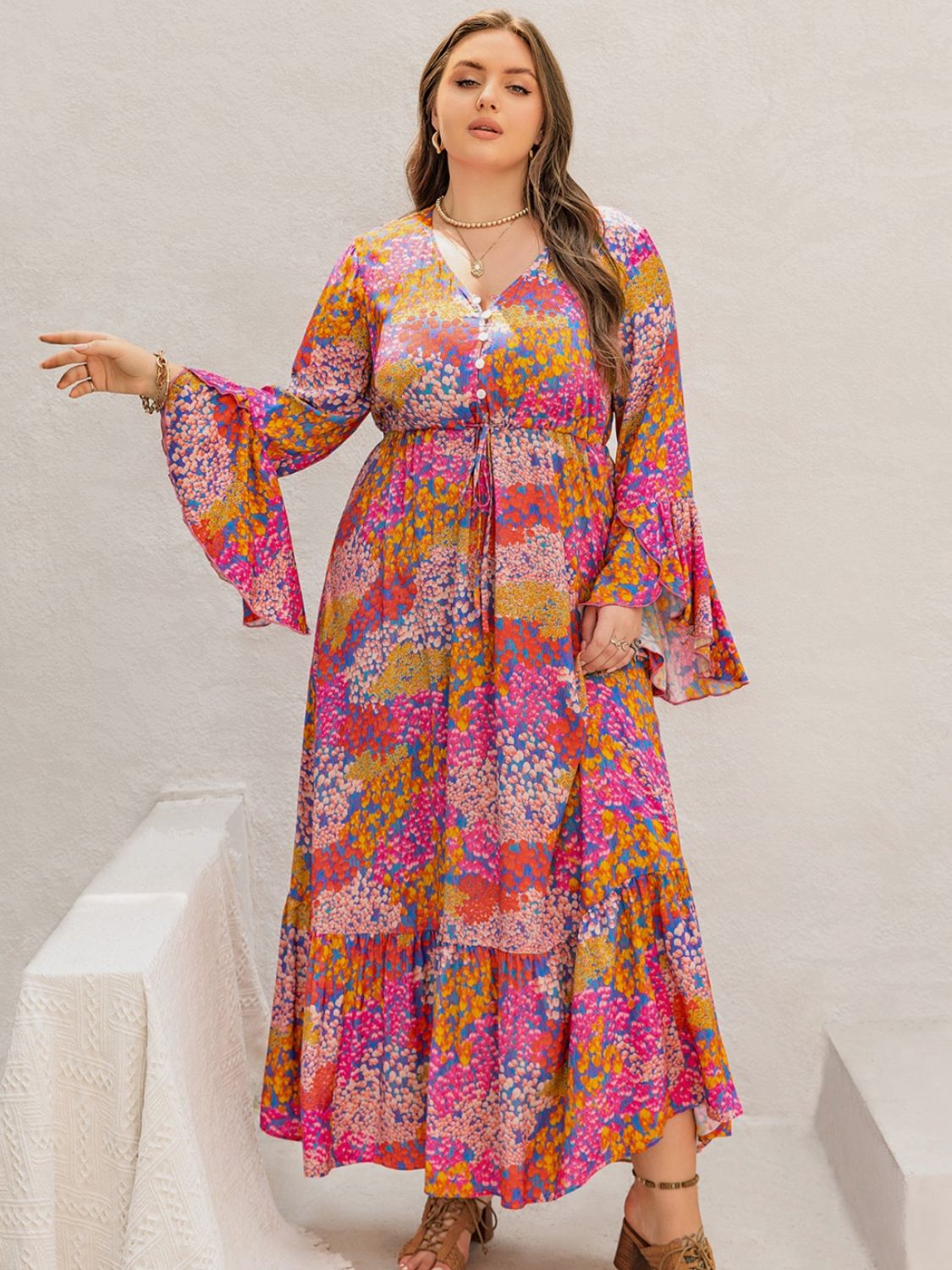 Plus Size Printed V-Neck Long Sleeve Maxi Dress - Classique Collection