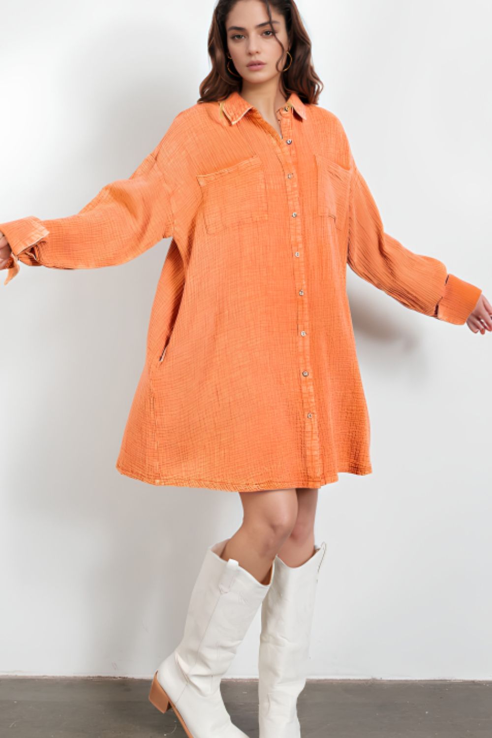 Pocketed Button Up Long Sleeve Shirt Dress - Classique Collection