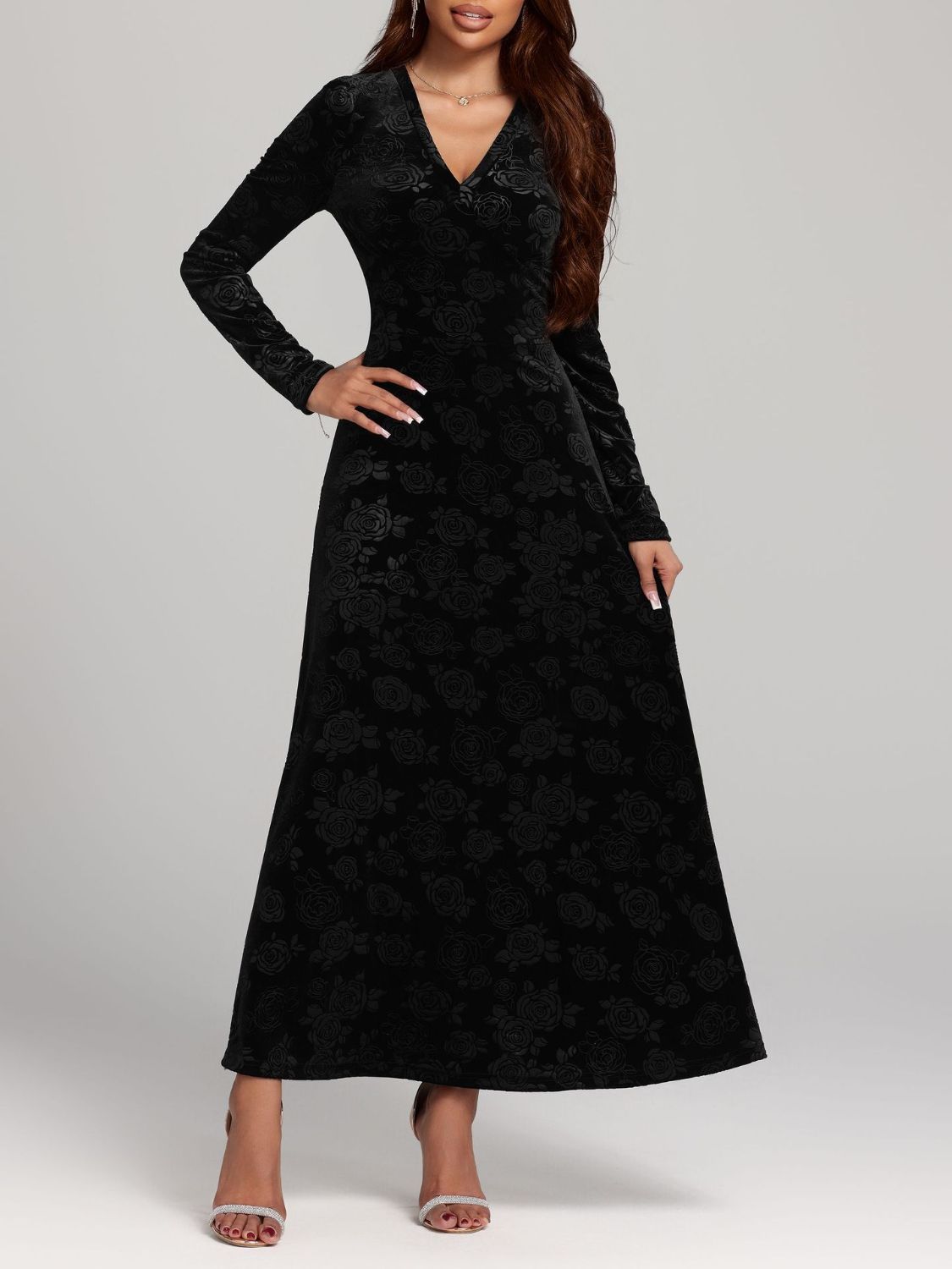 Rose Print V-Neck Long Sleeve Dress - Classique Collection