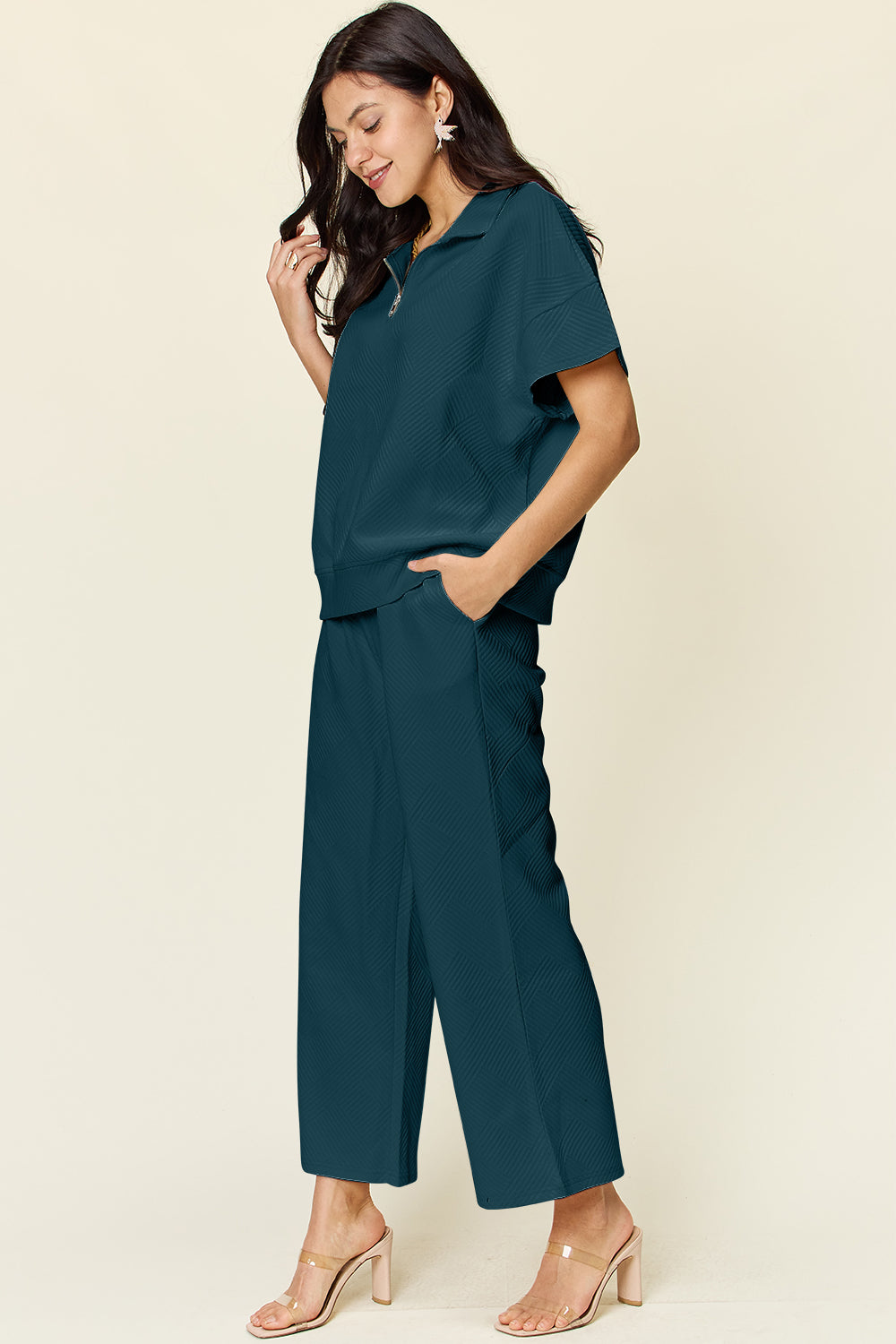 Double Take Full Size Texture Half Zip Short Sleeve Top and Pants Set - ClassiQ