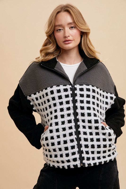 Annie Wear Plaid Zip Up Drop Shoulder Sherpa Jacket - ClassiQ