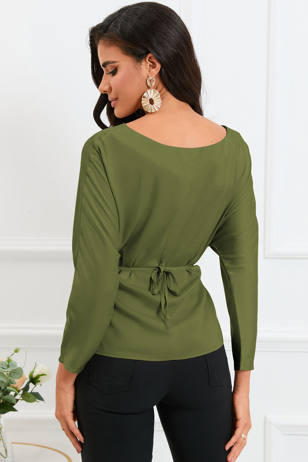 Boat Neck Back Tie Long Sleeve Satin Blouse - Classique Collection