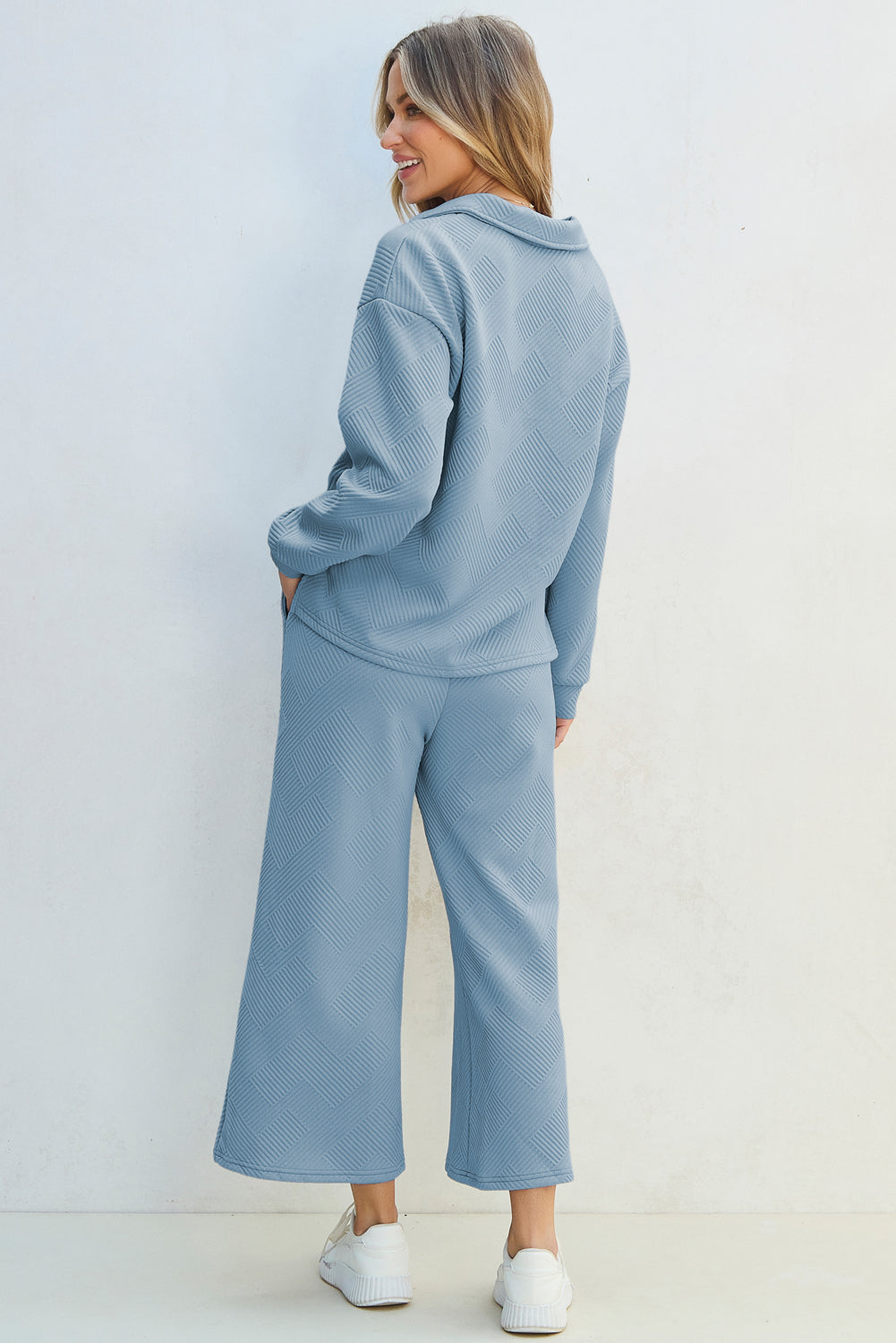 Textured Collared Neck Top and Wide Leg Pants Set - ClassiQ