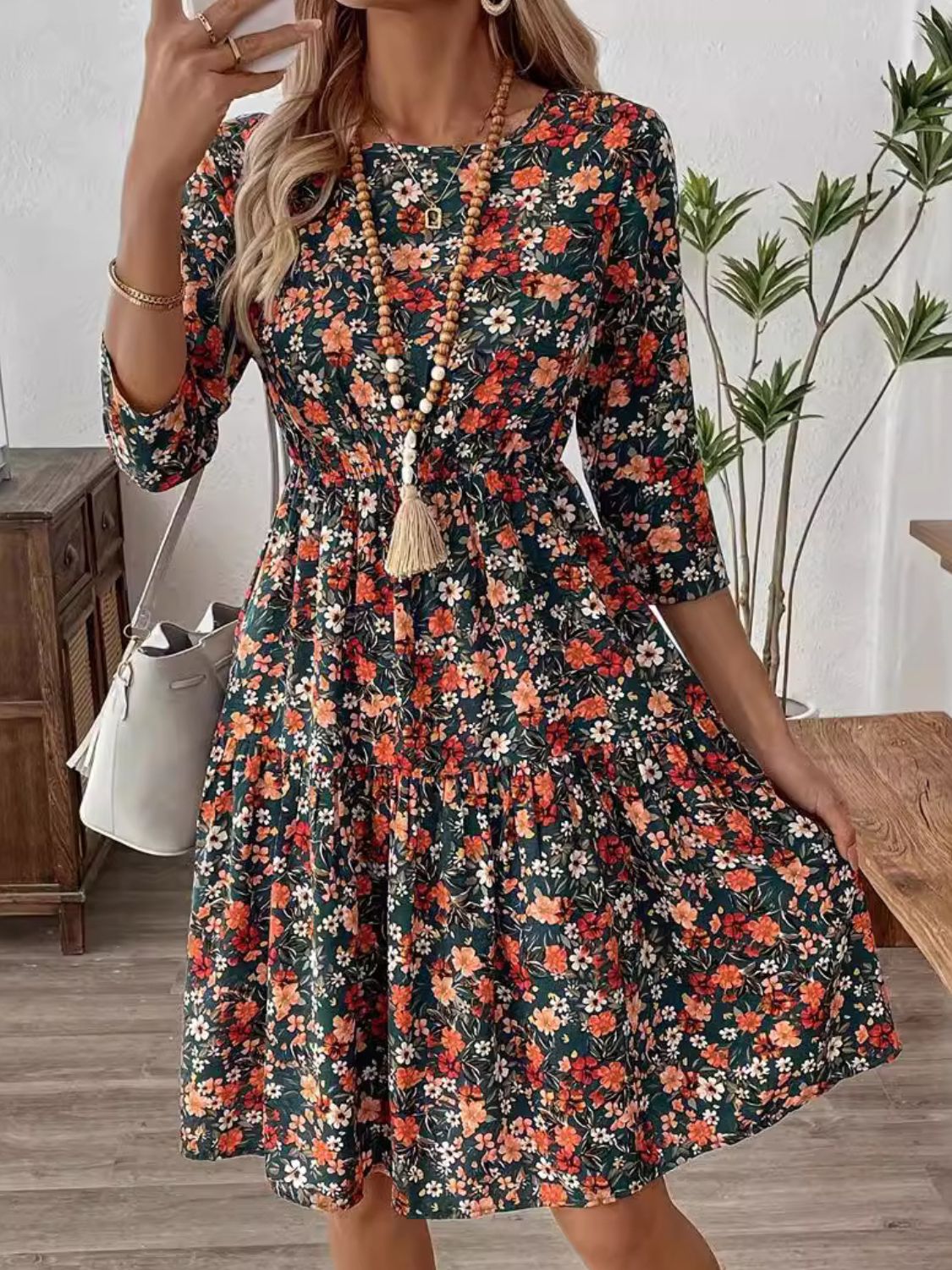 Frill Floral Round Neck Dress - Classique Collection