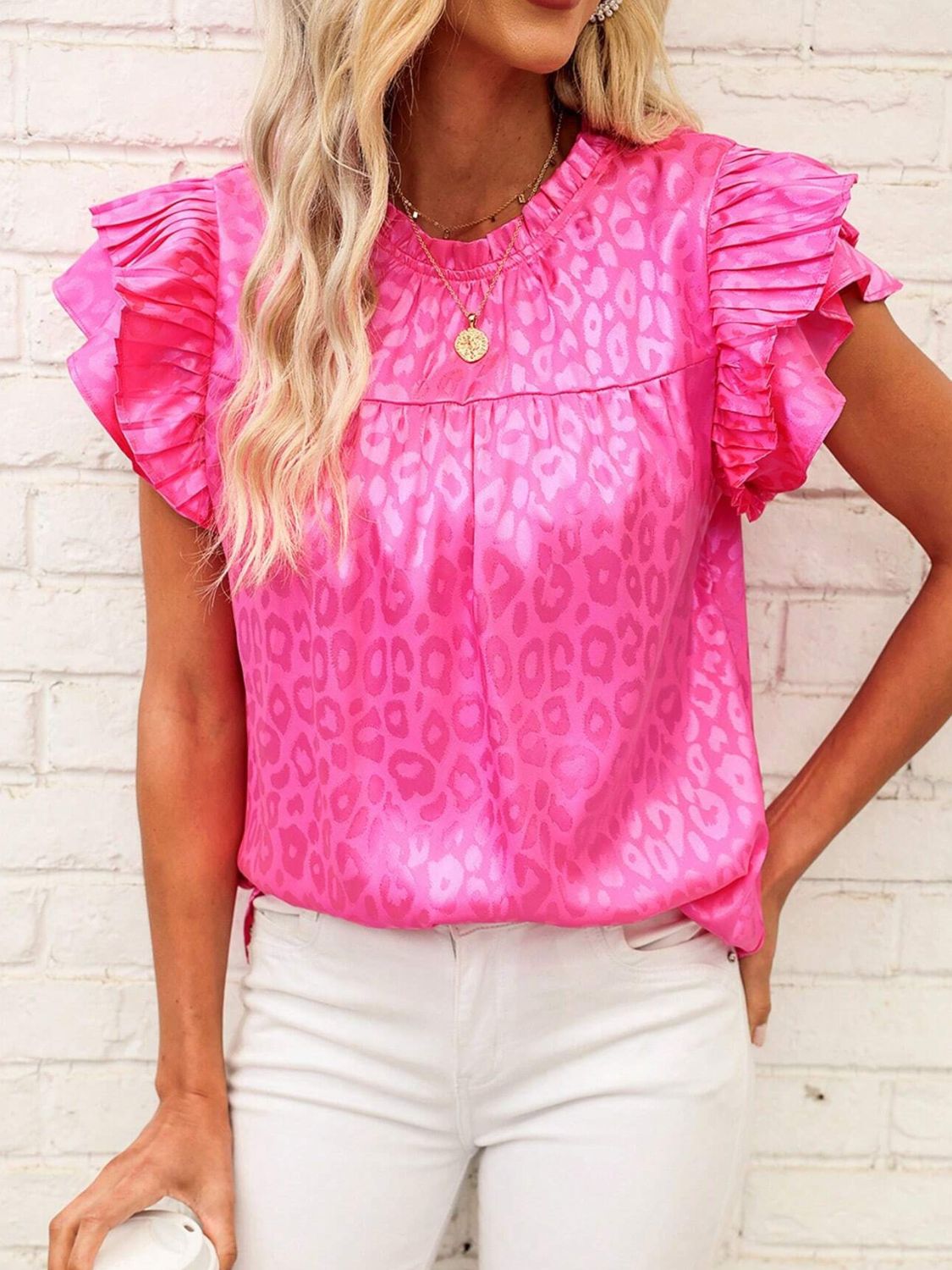 Leopard Frill Mock Neck Ruffled Cap Sleeve Top - Classique Collection
