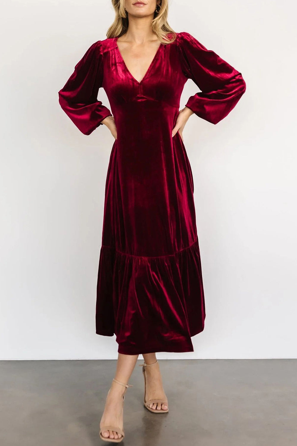 V-Neck Long Sleeve Midi Velvet Dress - Classique Collection