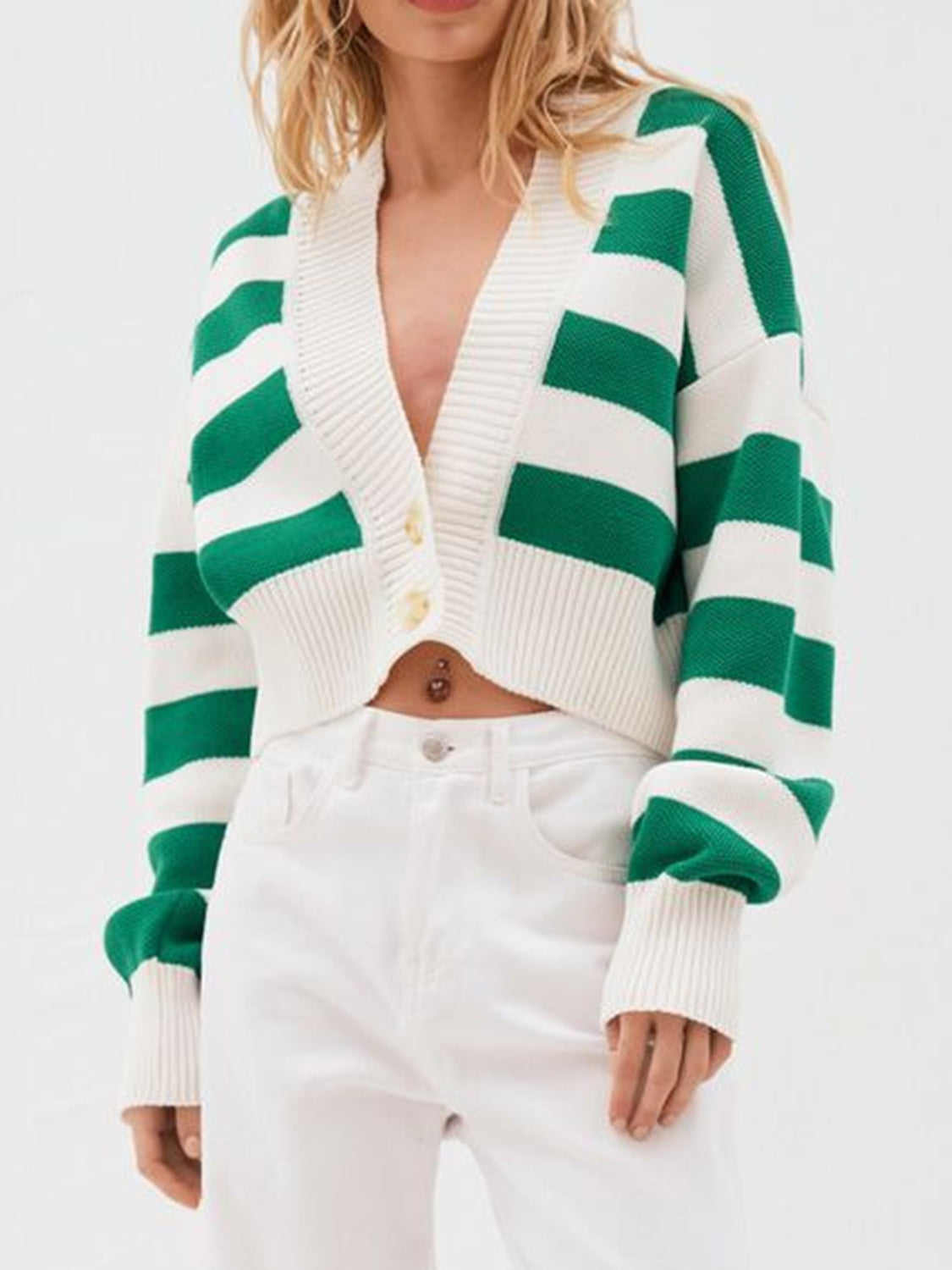 Striped Button Down Drop Shoulder Cardigan - Classique Collection