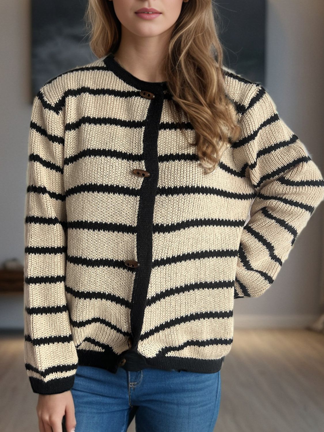 Striped Round Neck Long Sleeve Cardigan - ClassiQ