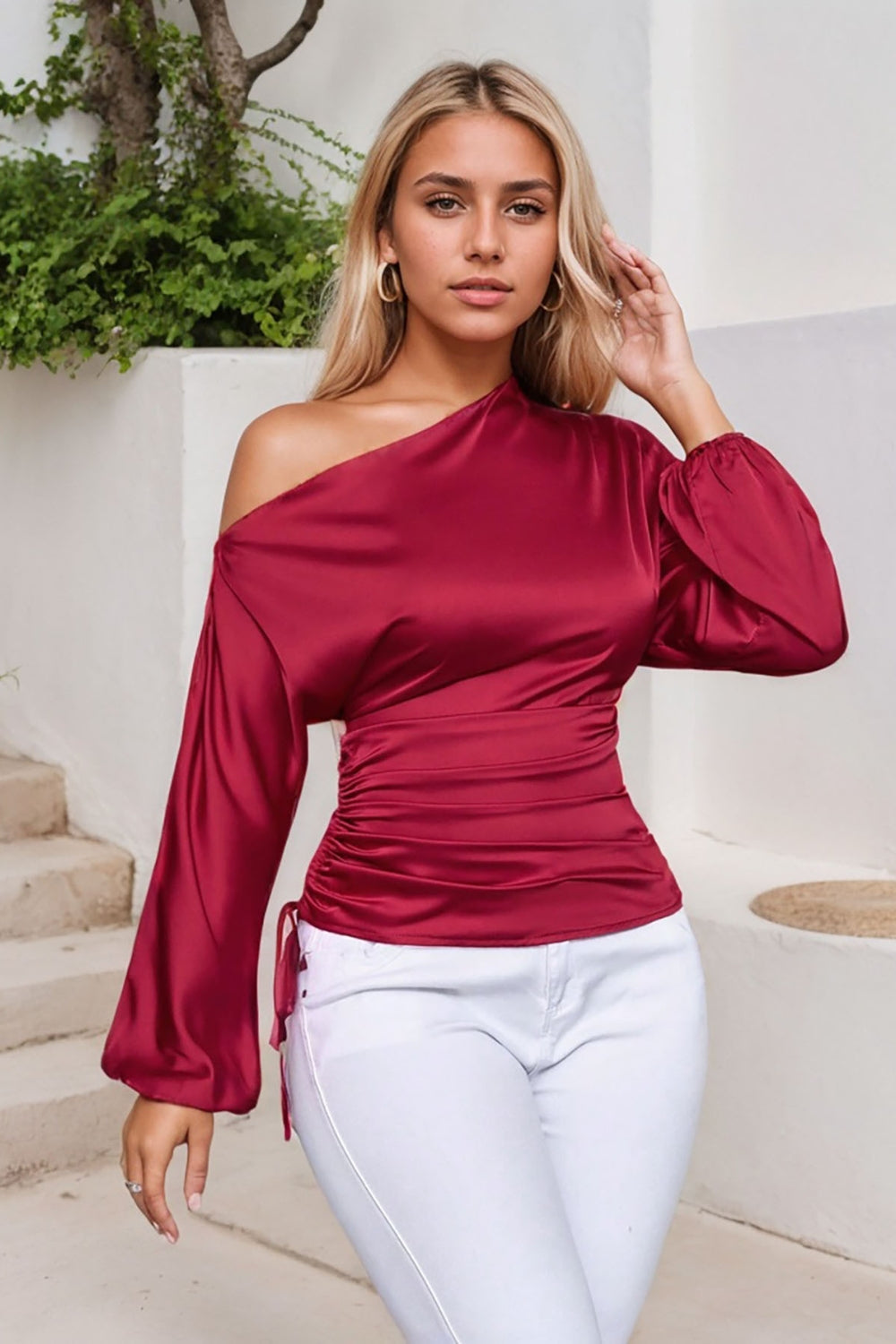 Drawstring One Shoulder Long Sleeve Blouse - Classique Collection