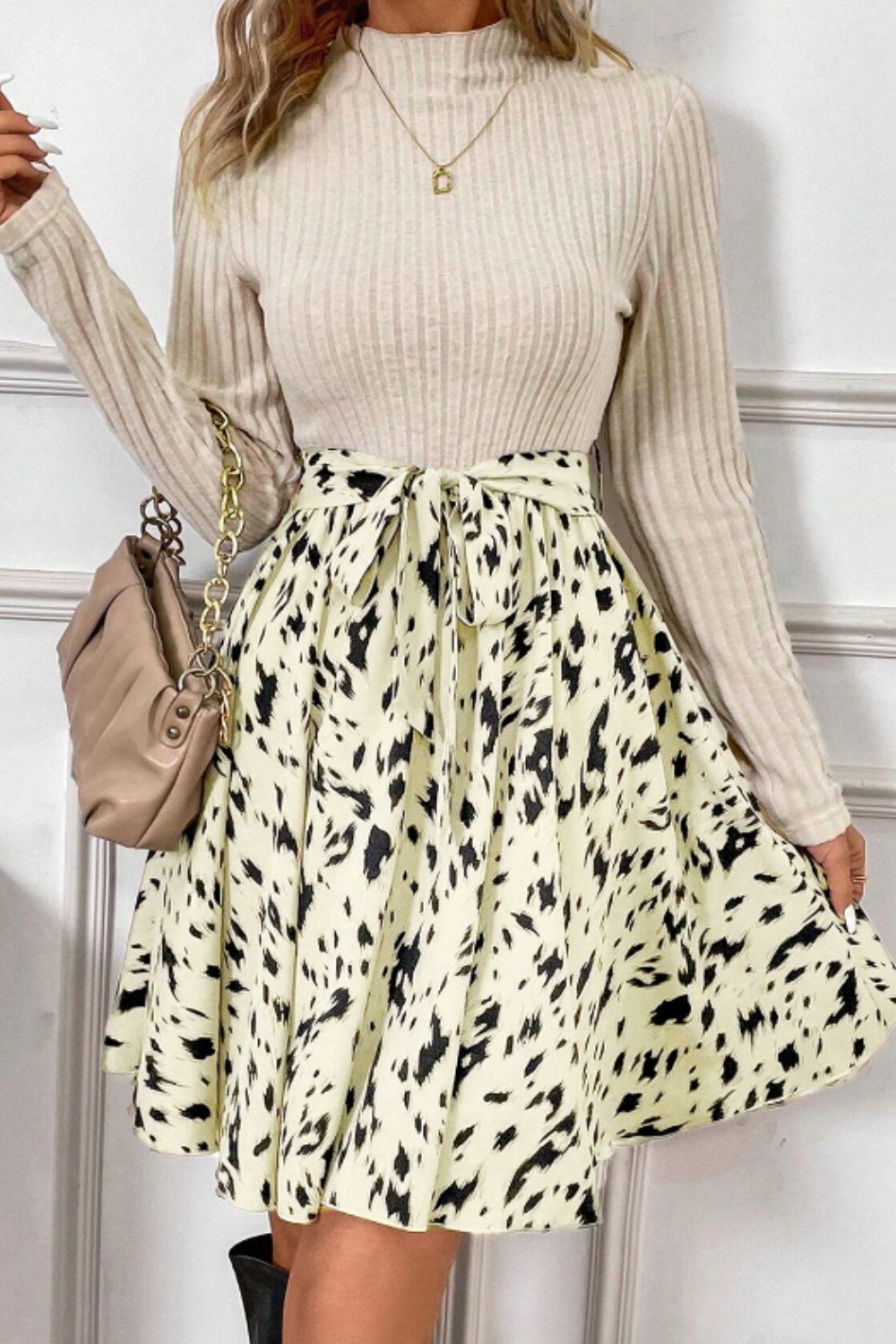 Printed Tie Waist Mock Neck Long Sleeve Dress - Classique Collection