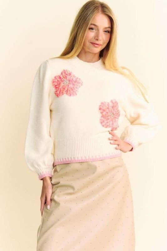 Davi & Dani Flower Patch Fuzzy Mock Neck Sweater - Classique Collection