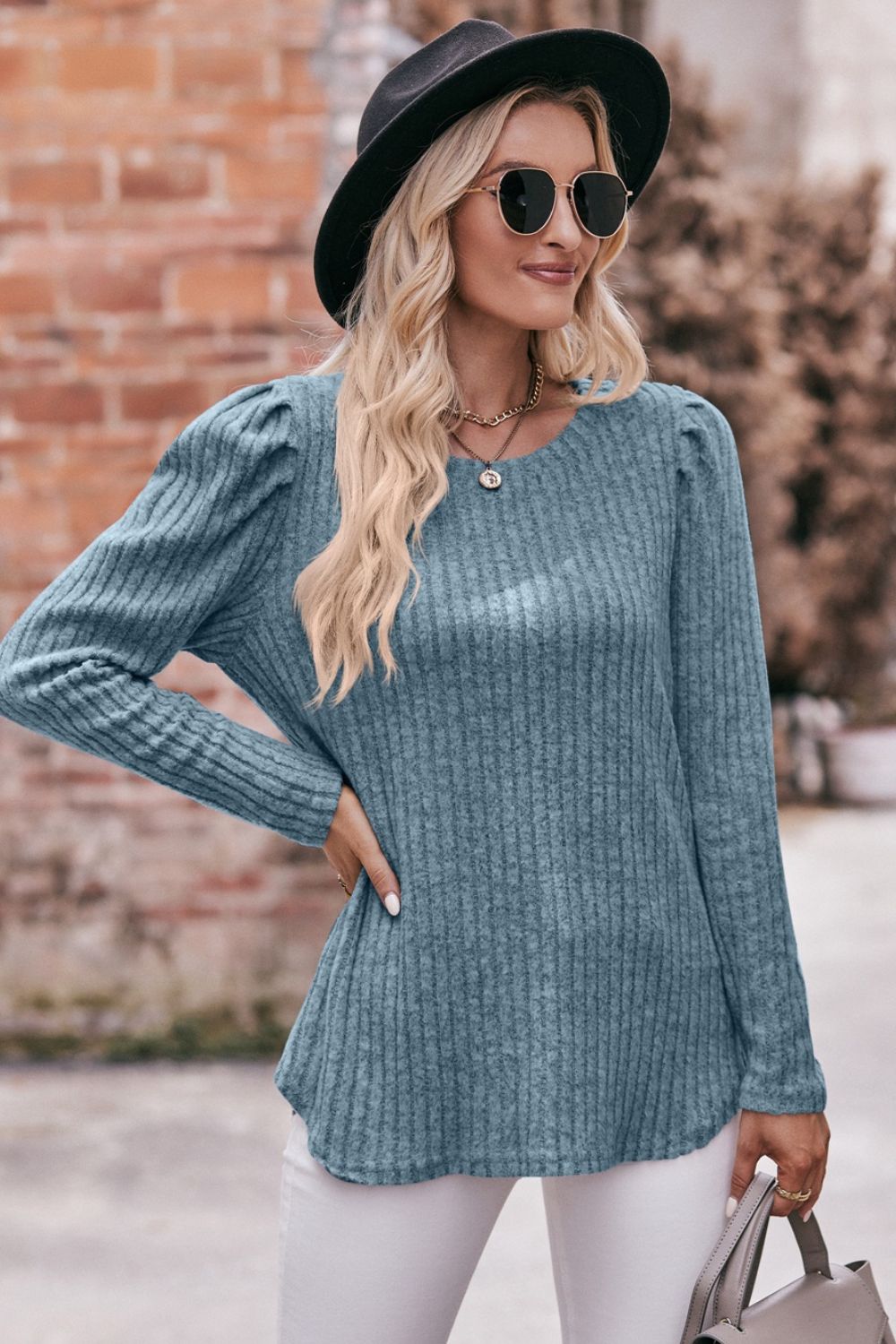 Mandy Round Neck Puff Sleeve Ribbed Top - Classique Collection