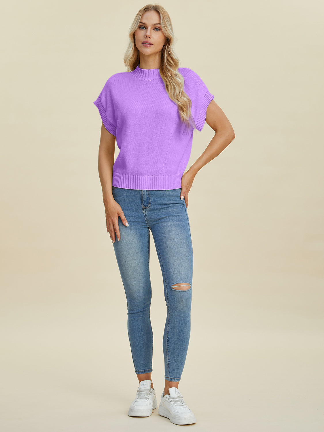Double Take Full Size Mock Neck Short Sleeve Sweater - ClassiQ