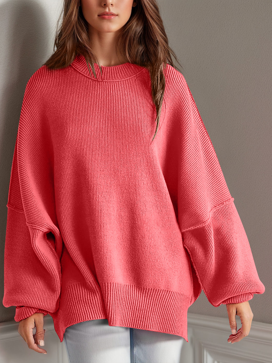 Double Take Side Slit Round Neck Long Sleeve Sweater - ClassiQ
