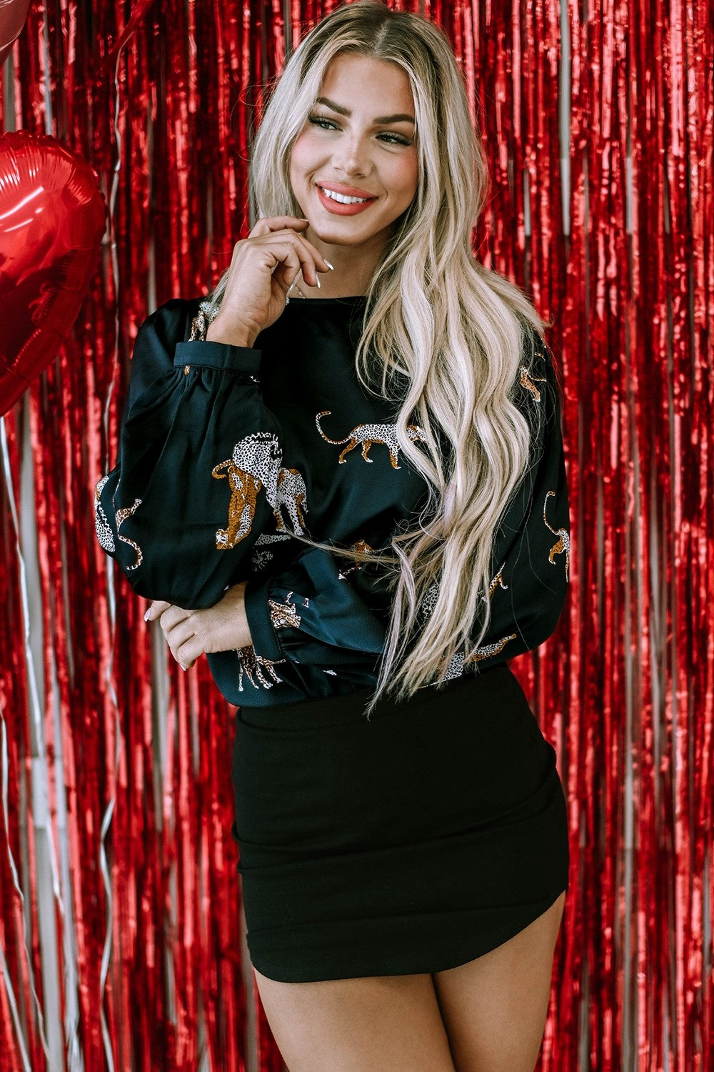 Animal Pattern Round Neck Long Sleeve Blouse - Classique Collection