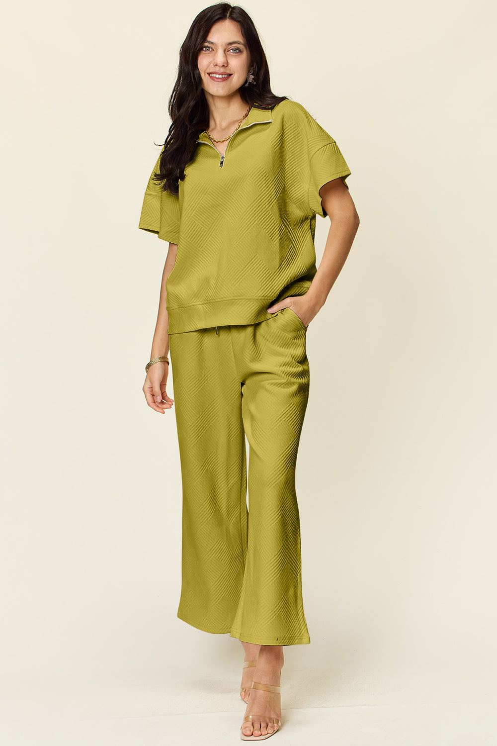 Double Take Full Size Texture Half Zip Short Sleeve Top and Pants Set - ClassiQ