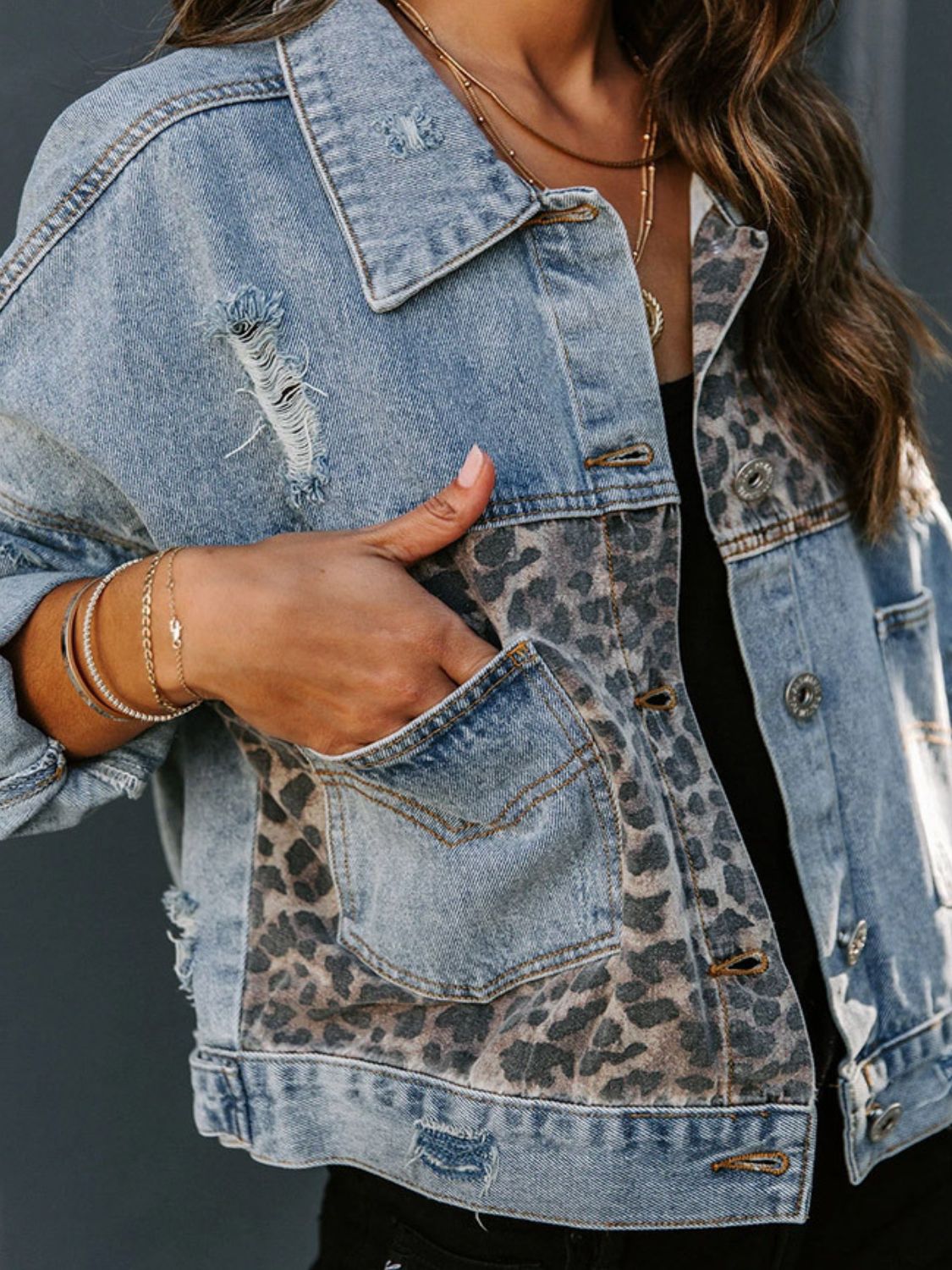Distressed Leopard Drop Shoulder Denim Jacket - Classique Collection