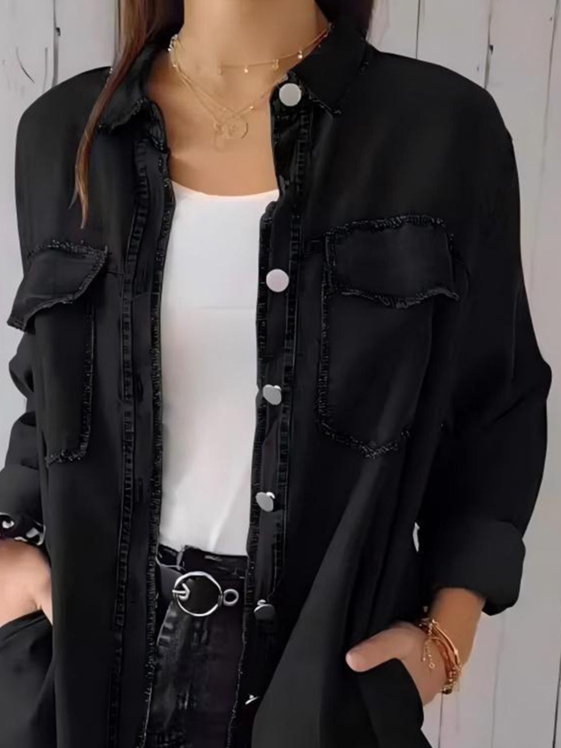 Full Size Raw Hem Button Up Long Sleeve Denim Top Plus Size - Classique Collection