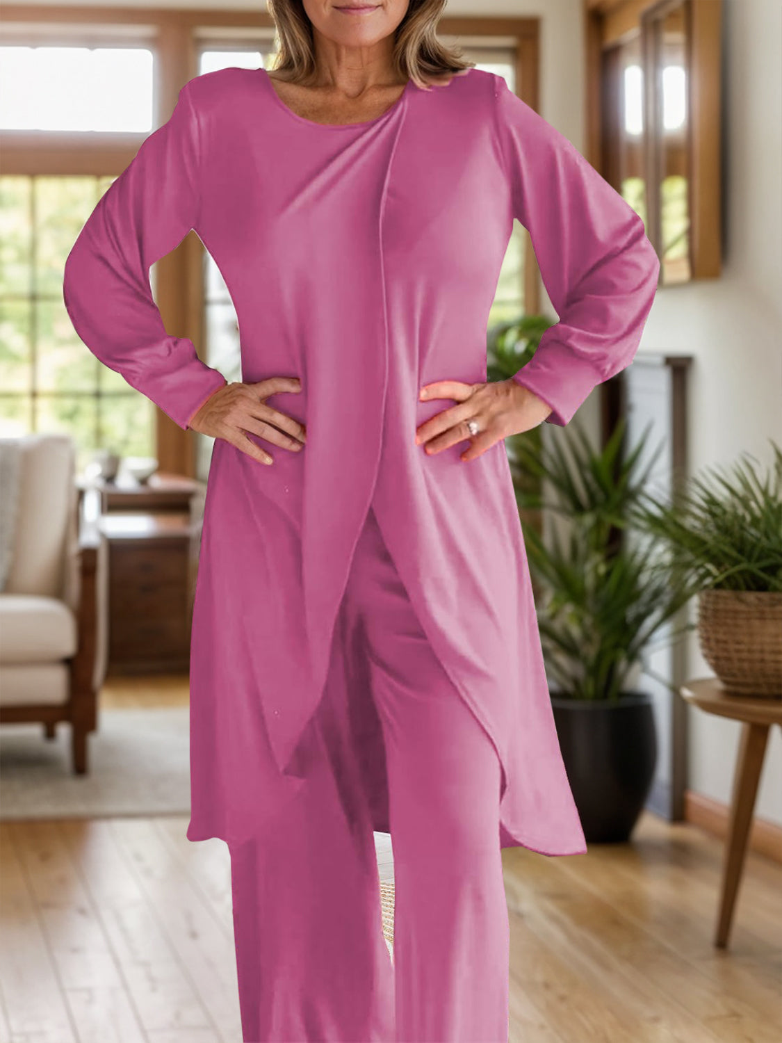 Full Size Slit Round Neck Long Sleeve Top and Pants Set - ClassiQ