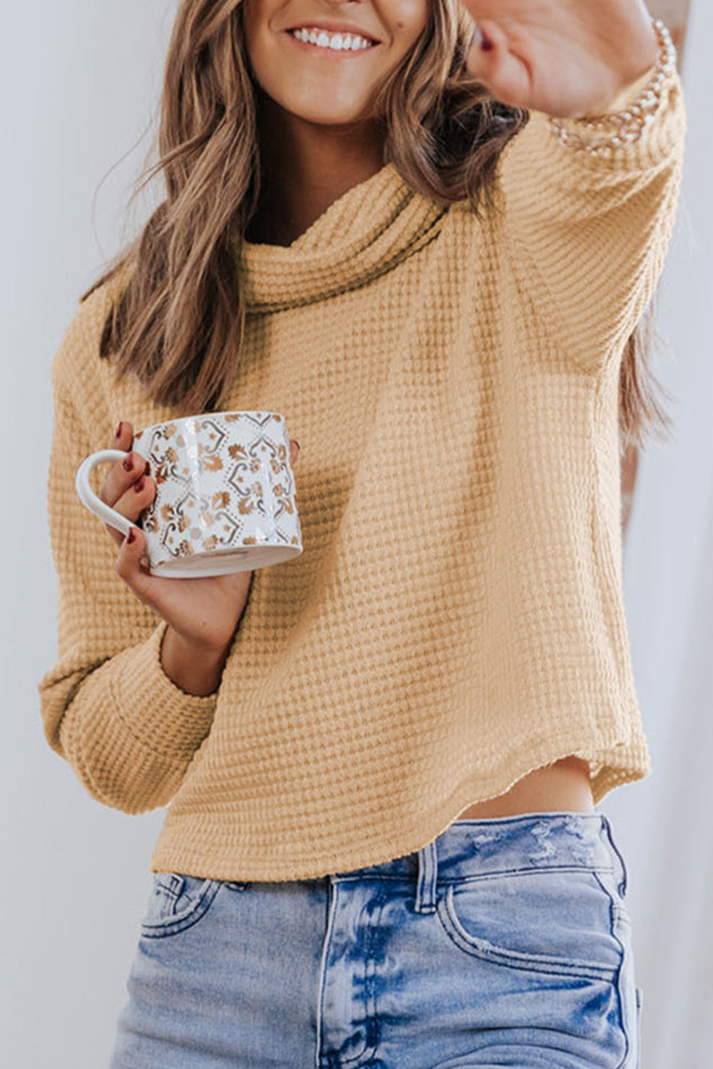 Waffle-Knit High Neck Top - Classique Collection