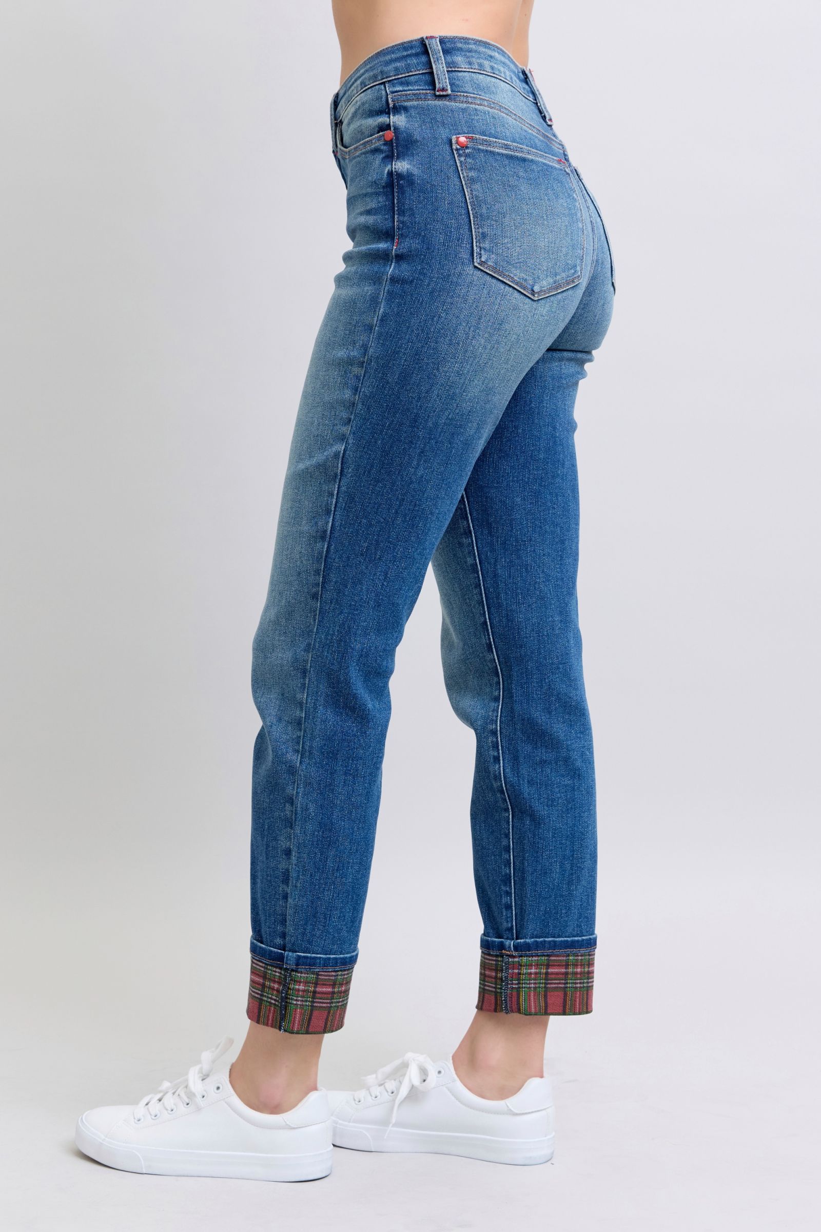 Judy Blue Full Size Plaid Print Cuff Straight Leg Jeans with Pockets - Classique Collection