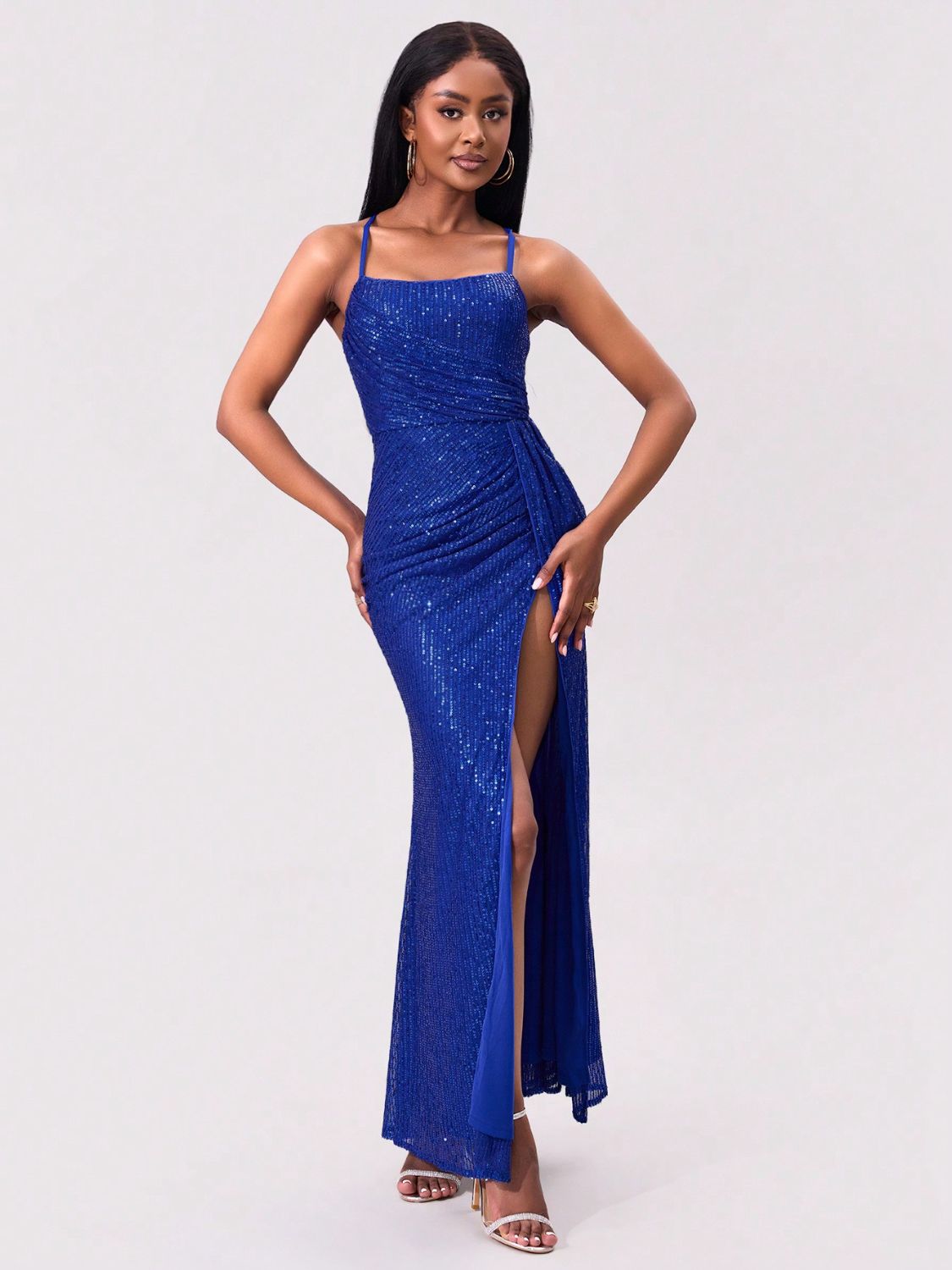 Slit Sequin Square Neck Spaghetti Strap Dress - Classique Collection