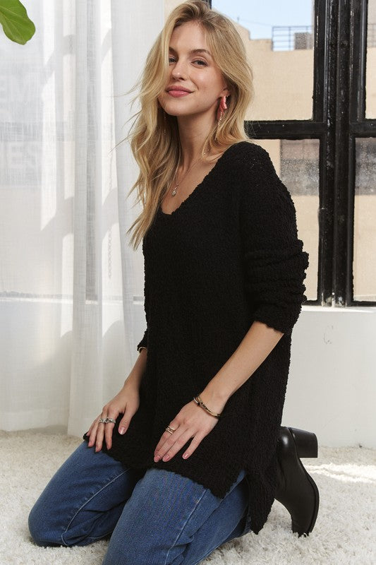 ADORA High-Low Side Slit V-Neck Sweater - ClassiQ