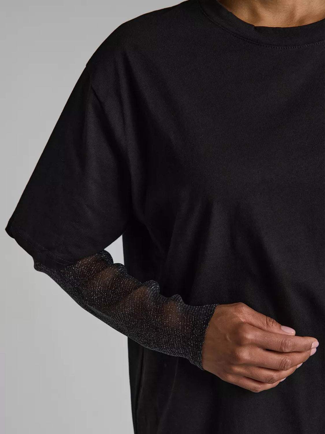 Faux Layered Round Neck Mesh Sleeve Top - Classique Collection