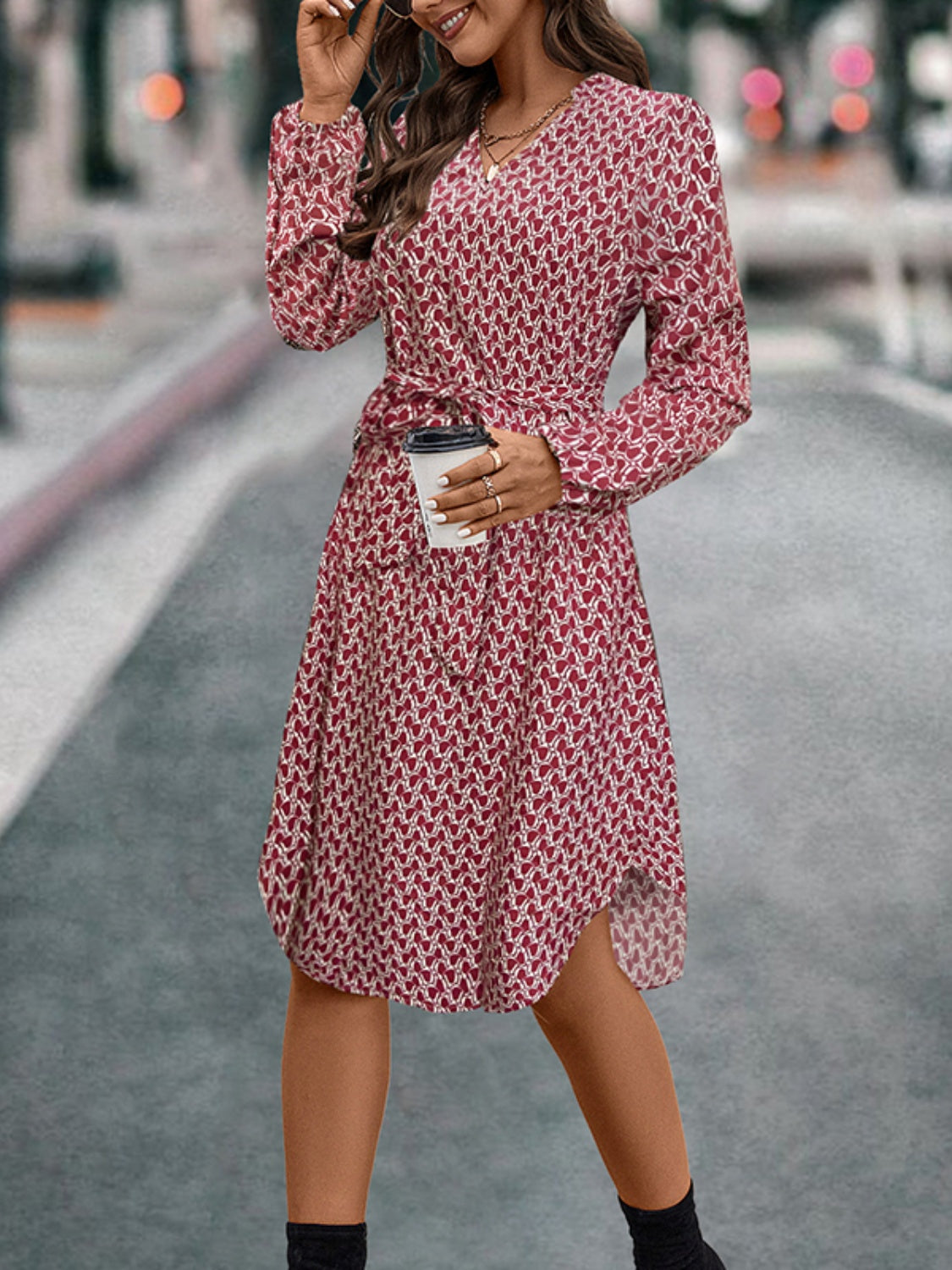 Tied Printed Notched Balloon Sleeve Dress - Classique Collection