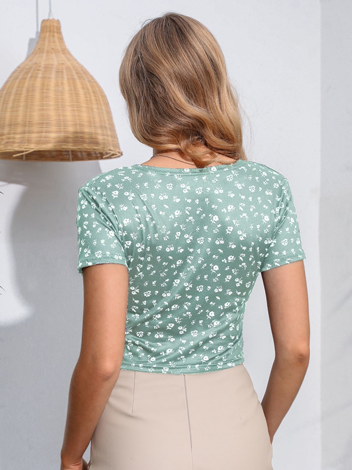 Floral Surplice Neck Short Sleeve Top - Classique Collection