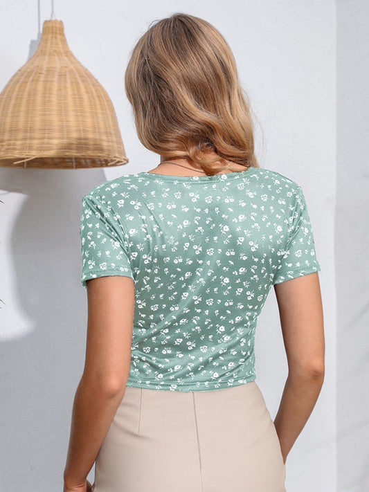 Floral Surplice Neck Short Sleeve Top - Classique Collection