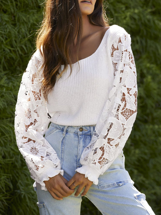 Ribbed Lace Trim Flounce Sleeve Knit Top - Classique Collection