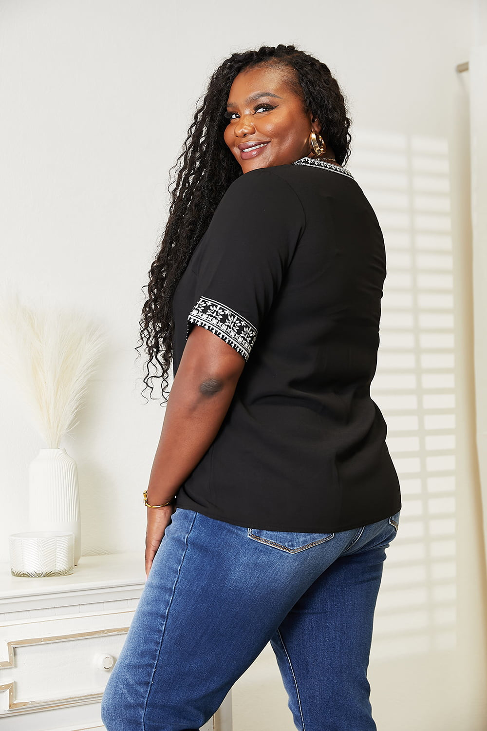 Double Take Embroidered Notched Neck Top - ClassiQ