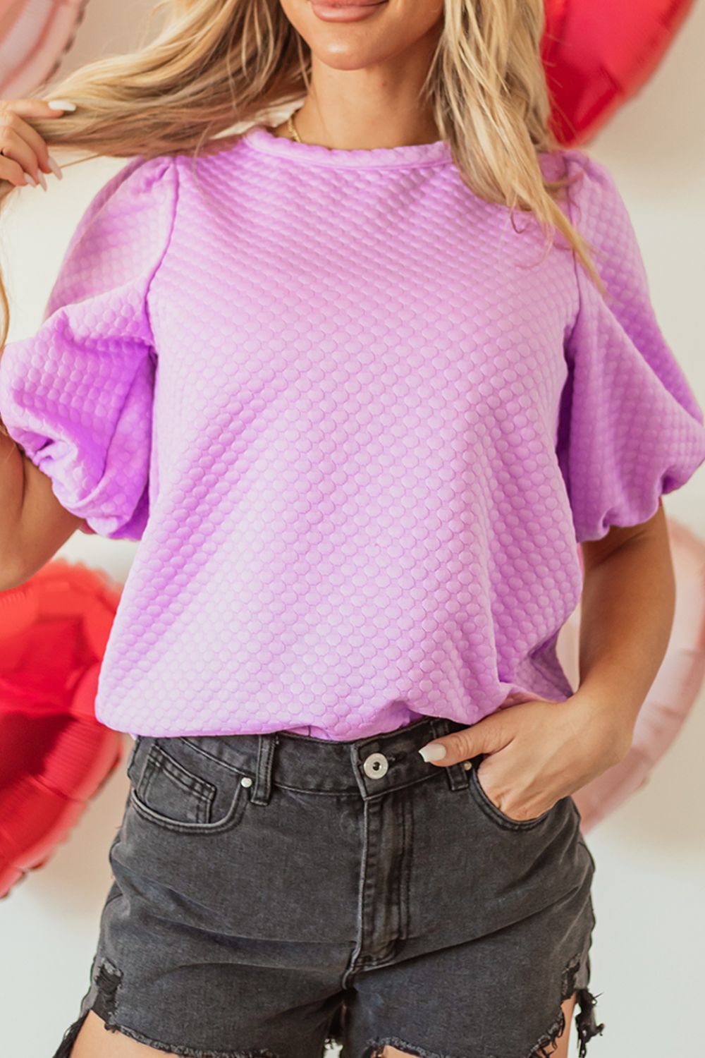 Textured Round Neck Puff Sleeve Blouse - Classique Collection