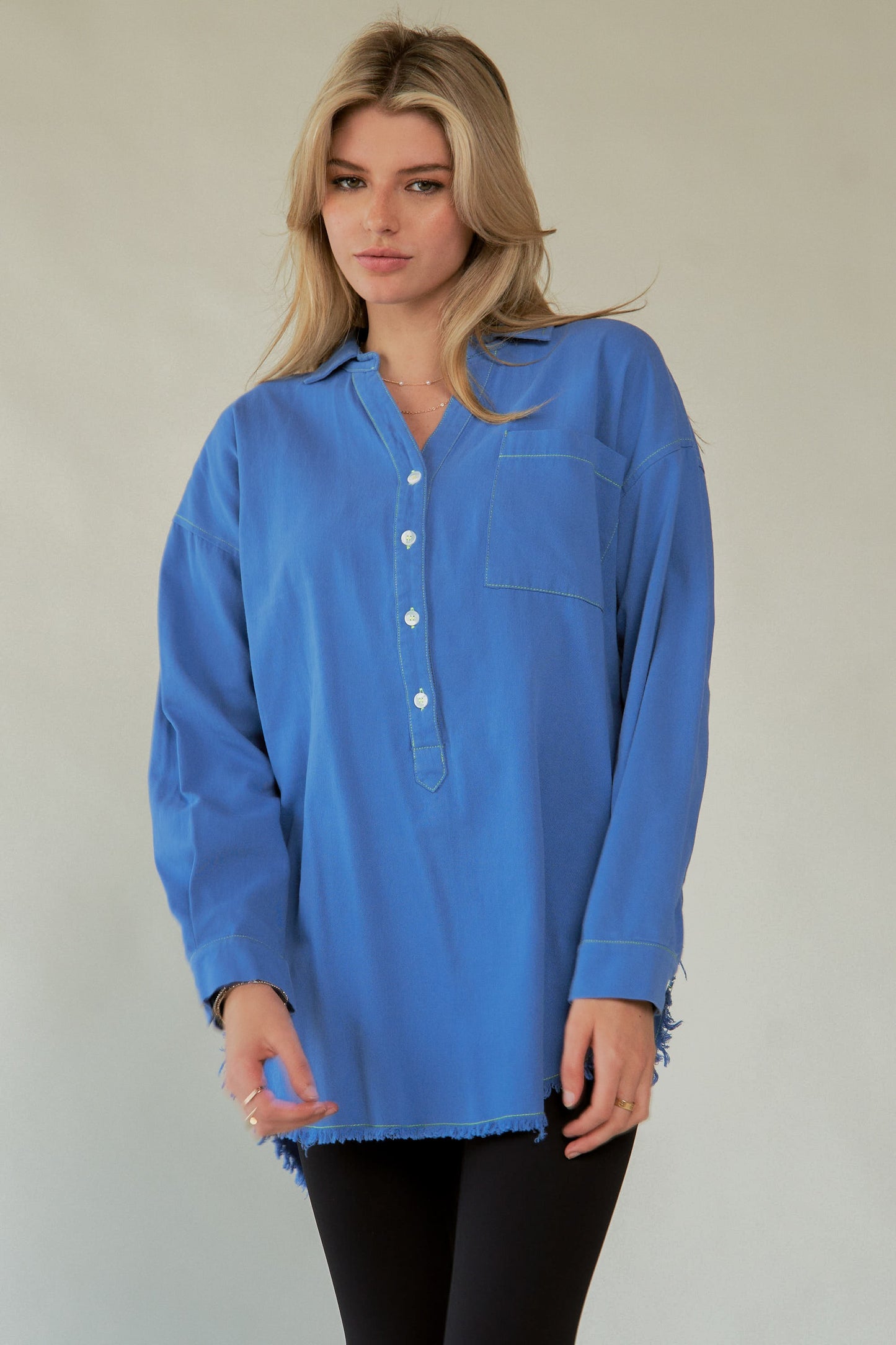 Davi & Dani Letter Back Raw Hem Half Button Shirt - Classique Collection