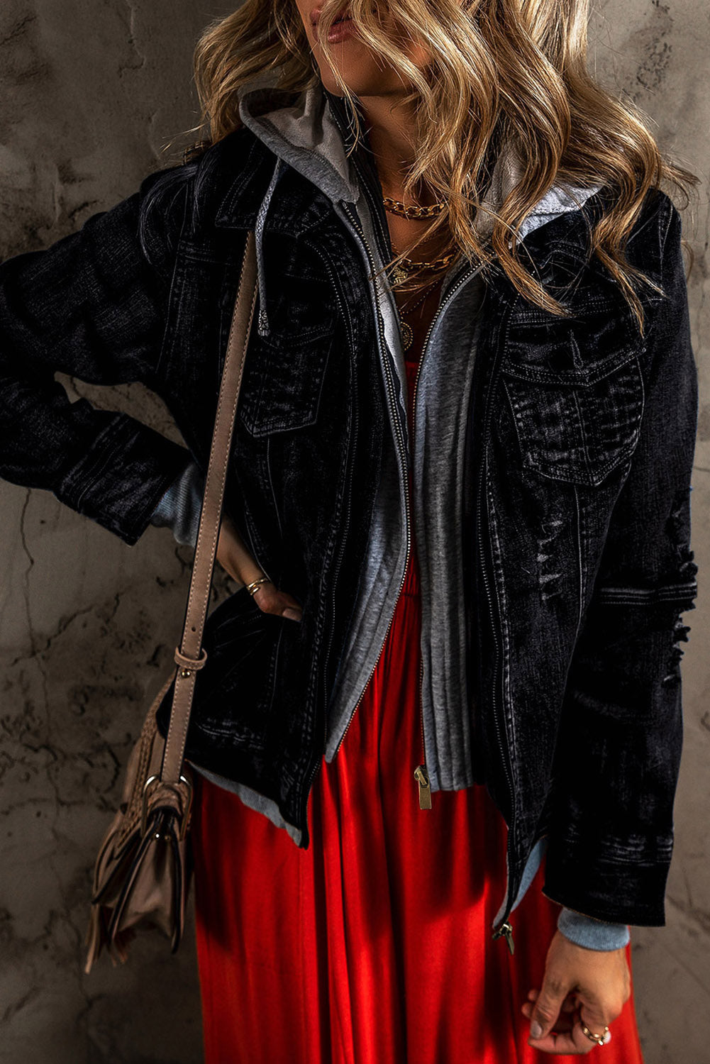 Fake Two-Piece Hooded Zip-Up Denim Jacket - Classique Collection