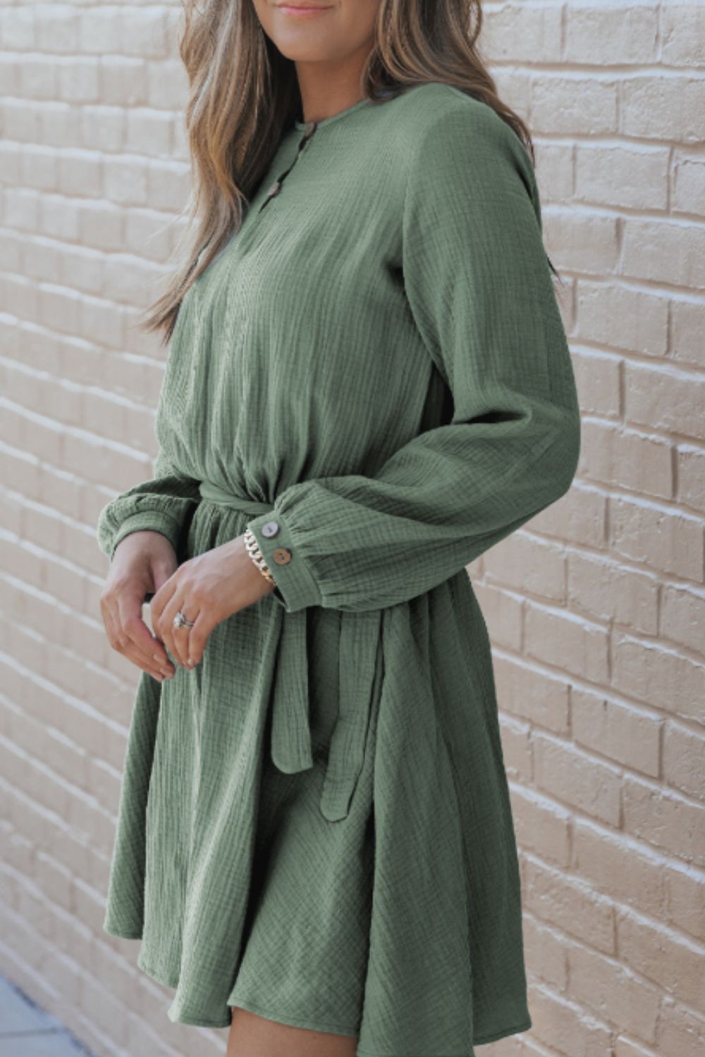 Round Neck Long Sleeve Tie Waist Dress - Classique Collection