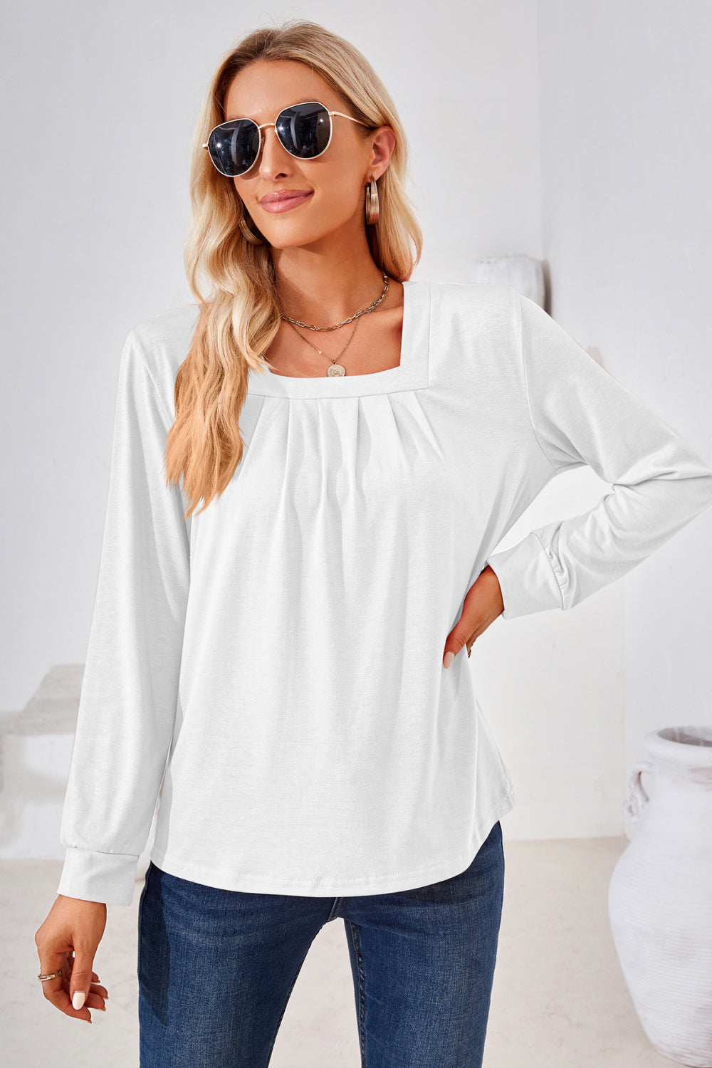 Square Neck Ruched Long Sleeve Blouse - Classique Collection