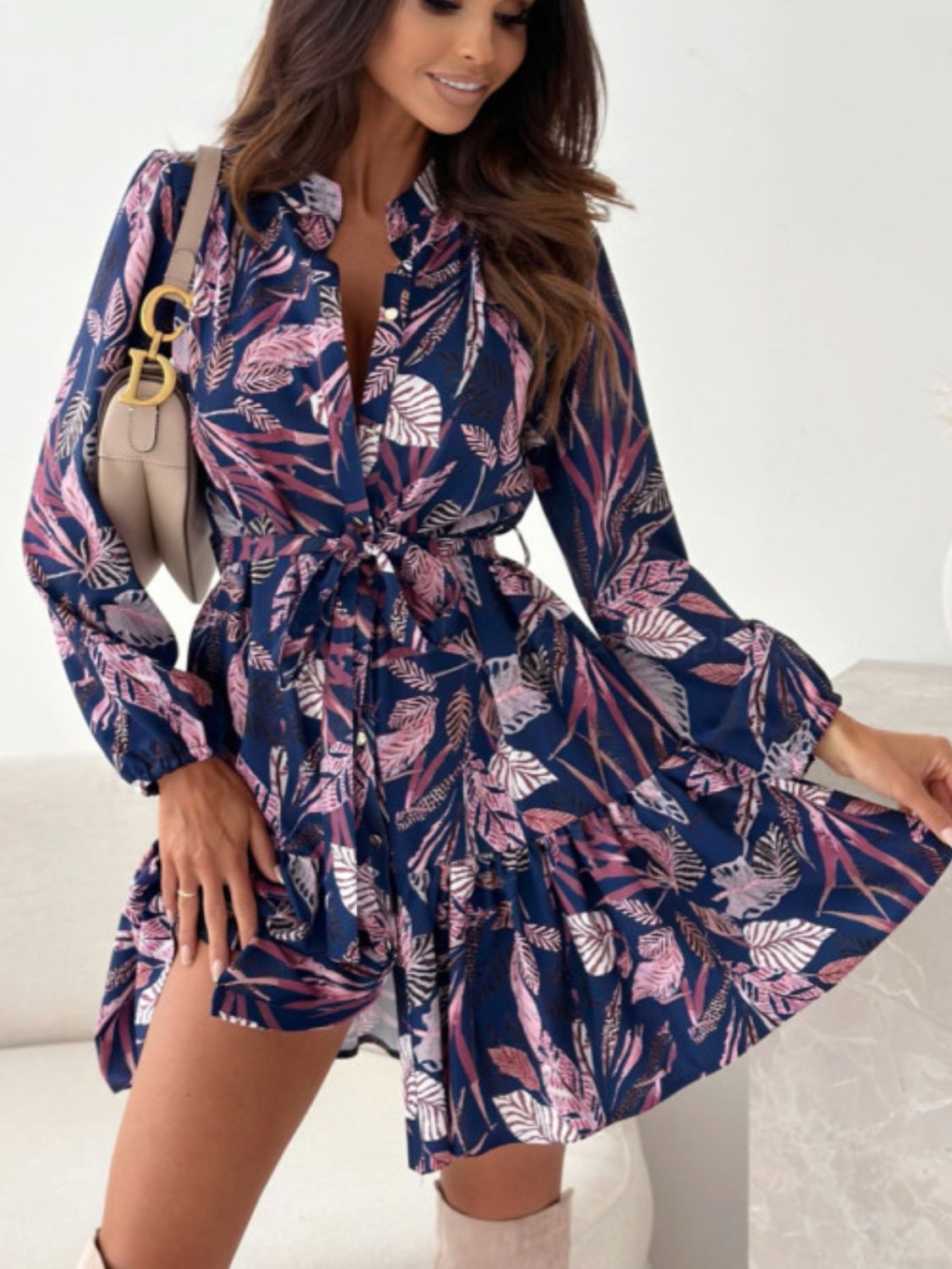 Ruffle Hem Floral Long Sleeve Dress - Classique Collection