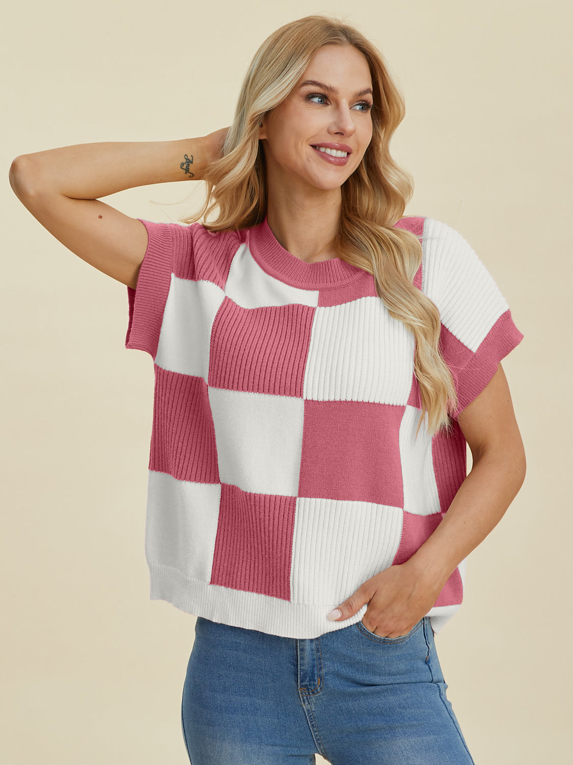 Double Take Full Size Checkered Round Neck Short Sleeve Sweater - ClassiQ