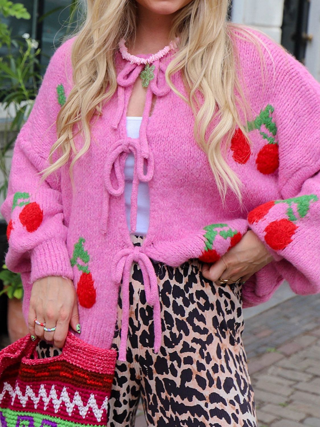 Tied Cherry Round Neck Long Sleeve Cardigan - Classique Collection