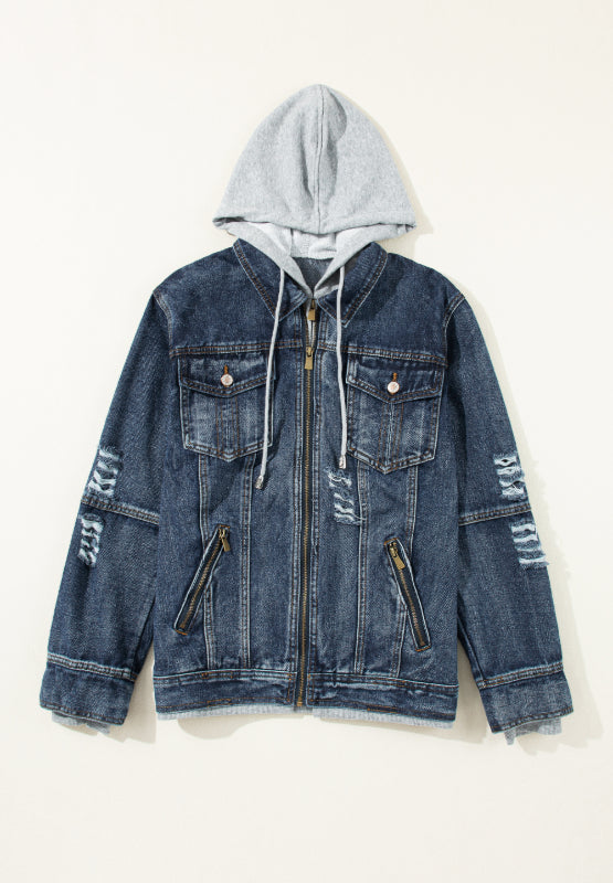 Fake Two-Piece Hooded Zip-Up Denim Jacket - Classique Collection
