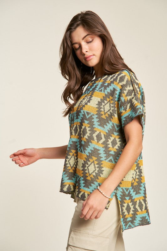 Davi & Dani High-Low Geometric Round Neck Knit Top - Classique Collection