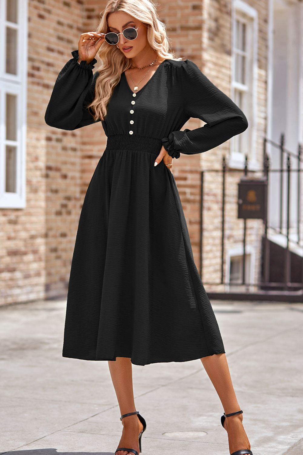 Smocked V-Neck Flounce Sleeve Midi Dress - Classique Collection
