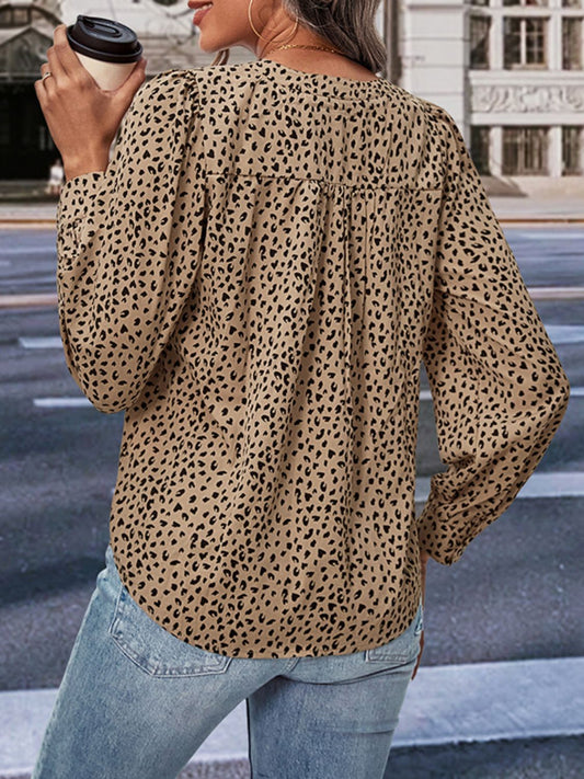 Perfee Leopard Notched Neck Puff Sleeve Blouse - Classique Collection